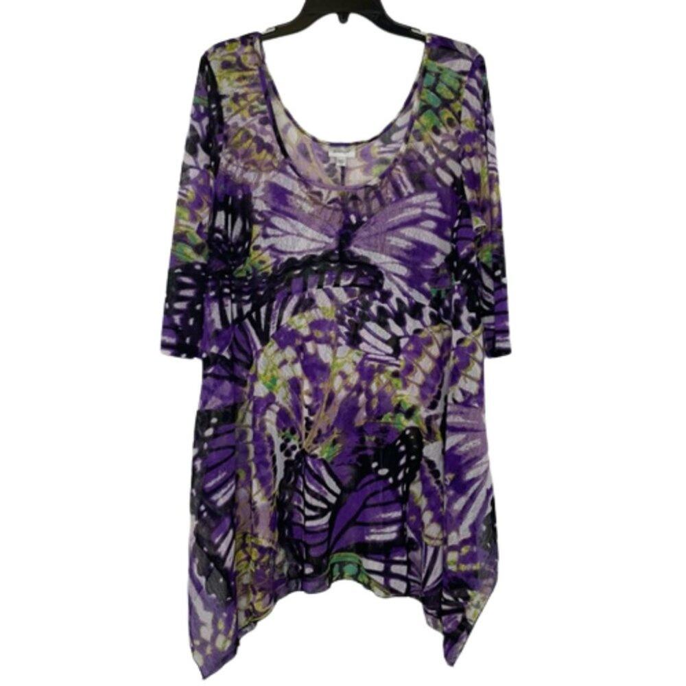Avenue butterfly black and purple semi-sheer shark hem tunic blouse size 16